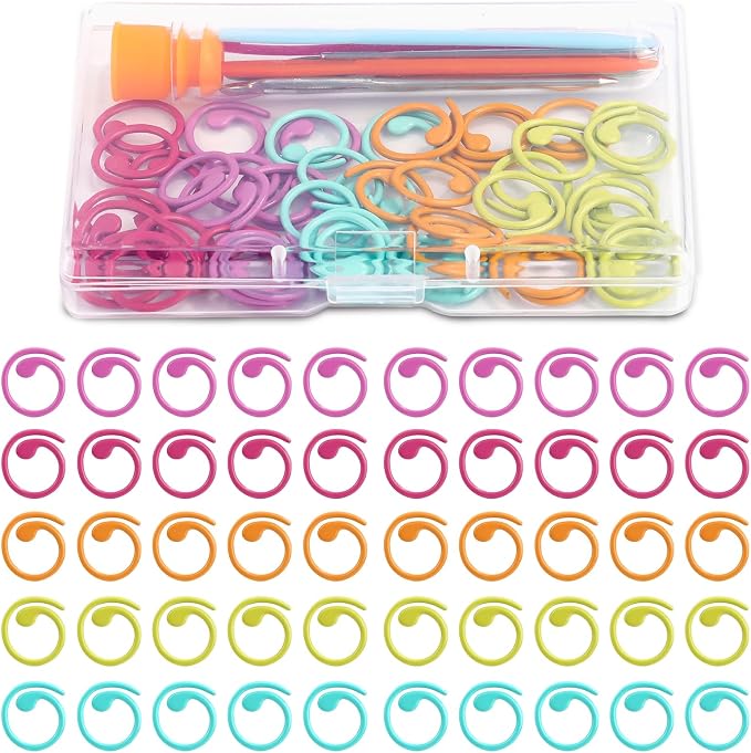 Lokunn 50 Pcs Metal Stitch Markers, 5 Color Helical-Shaped Crochet Markers Ring by lokunn
