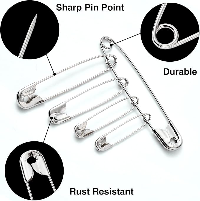 Silver Safety Pins 300 PCS, 5 Assorted Sizes of Durable, Small and Large Safety - Image 3