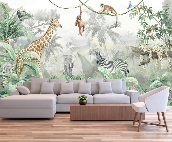 Kids Wallpaper Tropical Leves and Safari Animals Wall Mural - Image 3