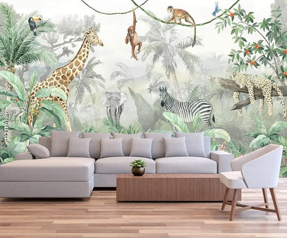 Kids Wallpaper Tropical Leves and Safari Animals Wall Mural - Image 3