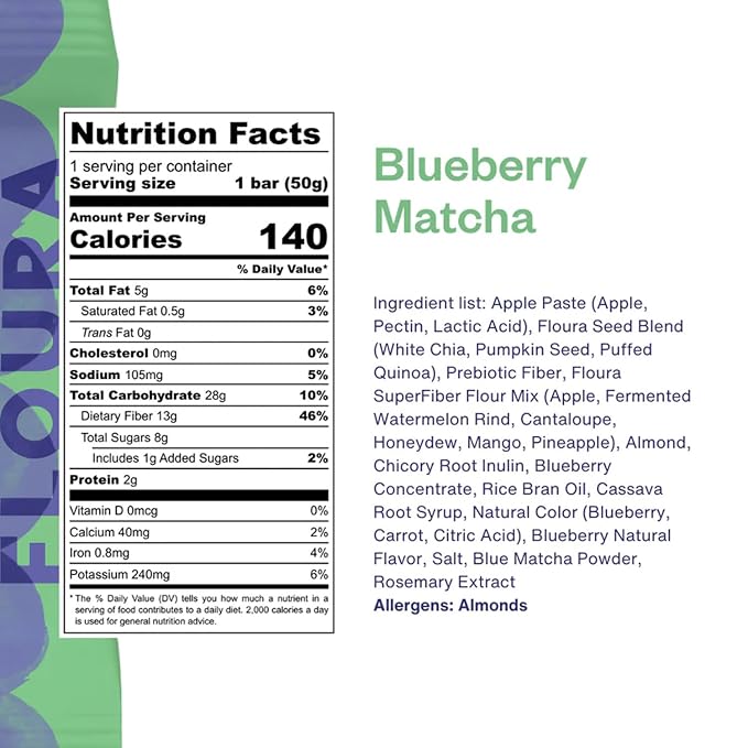 Floura Blueberry Matcha Fruit-Forward Fiber Bars– High Fiber, Gluten & Dairy - Image 2