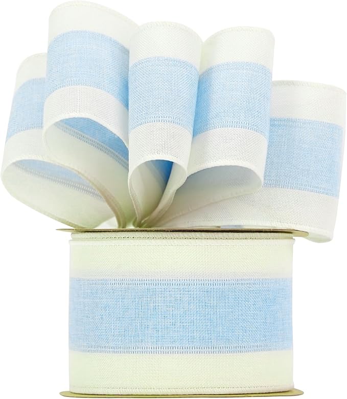MEEDEE Blue and White Stripe Ribbon Wired Ribbon 2.5 Inch Light Blue Burlap - Image 6