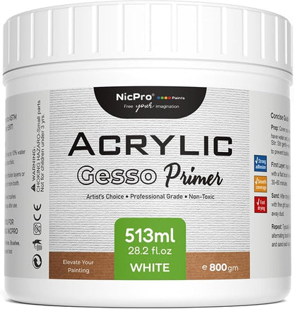 Nicpro White Gesso Primer for Acrylic Painting, Excellent Coverage, Gesso by Nicpro