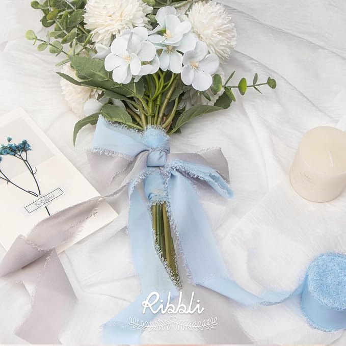 Ribbli Baby Blue Chiffon Ribbon 1-1/2 inch x 20 Yard Handmade Fringe Chiffon - Image 6