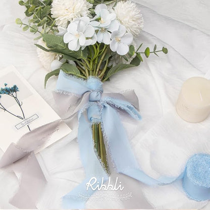 Ribbli Baby Blue Chiffon Ribbon 1-1/2 inch x 20 Yard Handmade Fringe Chiffon - Image 6