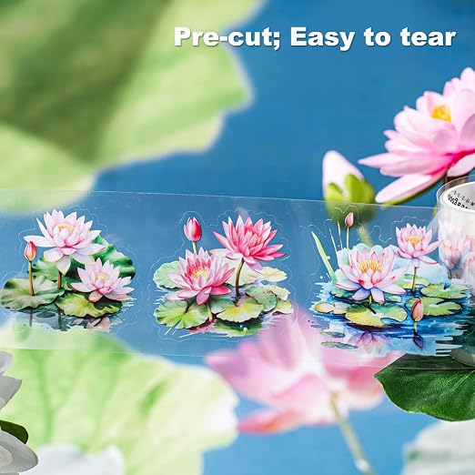 Lotus Pond PET Tape Set, 4 Rolls Pre-Cut Floral Stickers - Image 2