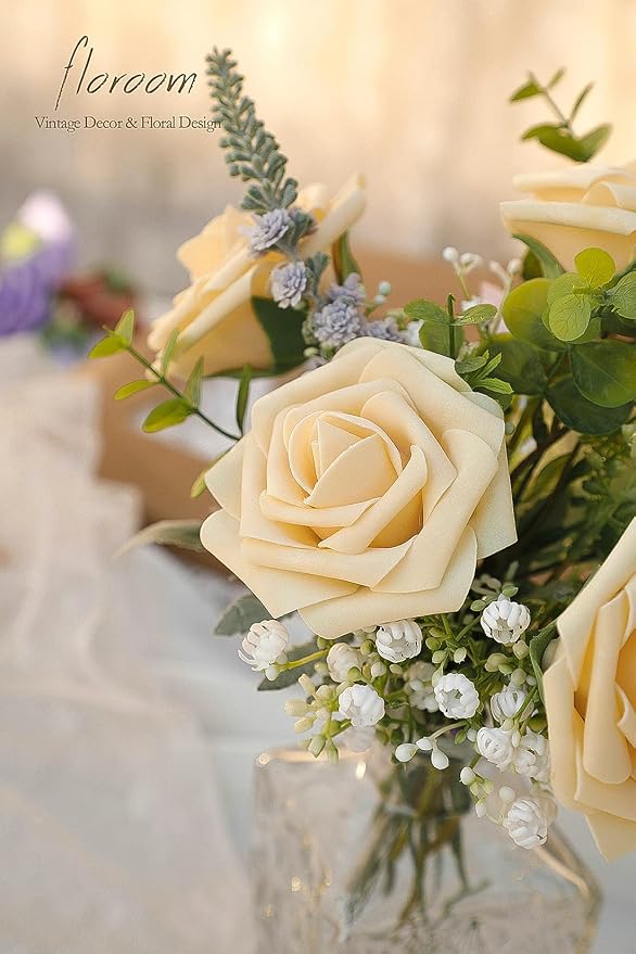 Floroom Artificial Flowers 25pcs Real Looking Creamy Yellow Foam Fake Roses - Image 6