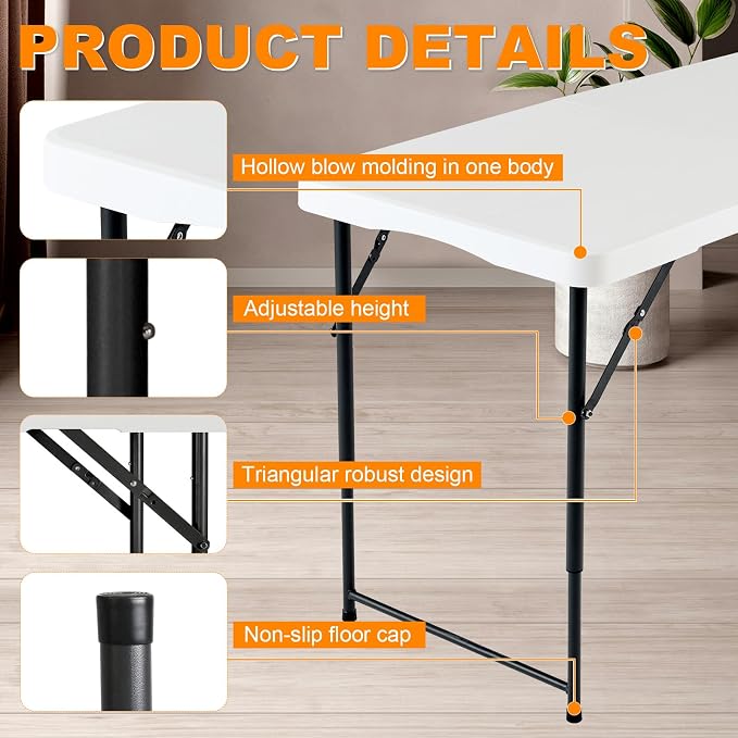 4ft Folding Table, Portable Fold-in-Half Adjustable Height Utility Table - Image 4