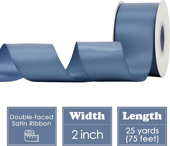 HUIHUANG Smoke Blue Ribbon 2 inch Wide Double-Faced Blue Satin Ribbon - Image 2