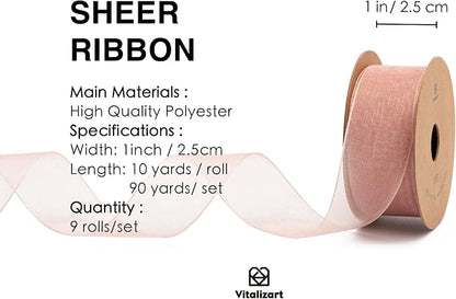 Vitalizart Organza Ribbon 1" x 90Yd Mixed Color Sheer Ribbons Set 10 Yd x 9 - Image 2