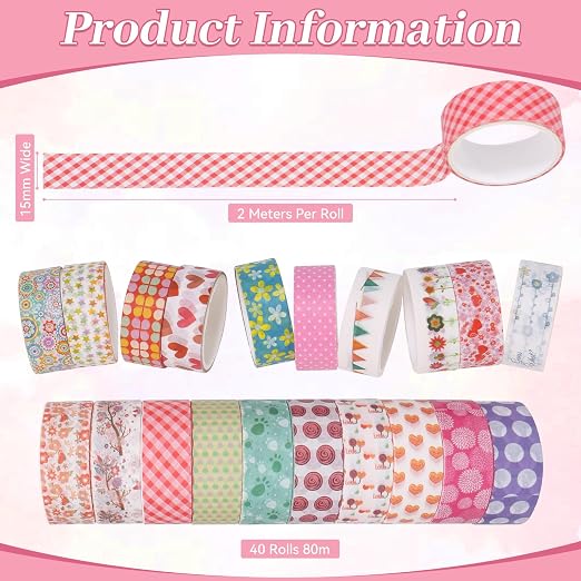Washi Tape Set - 40 Rolls of 1.5cm Wide Decorative and Craft Tape - Image 2