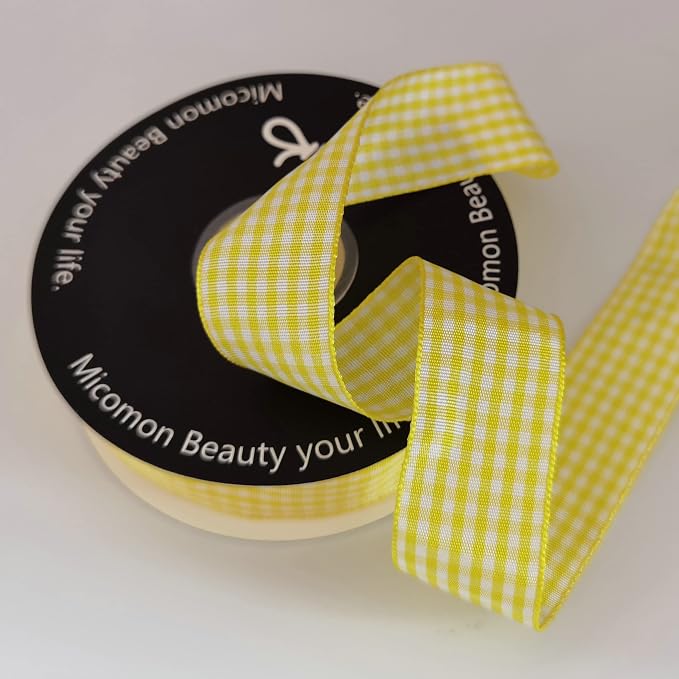 Yellow and White Gingham Ribbon Christmas Ribbon 25 Yards Each Roll 100% - Image 7