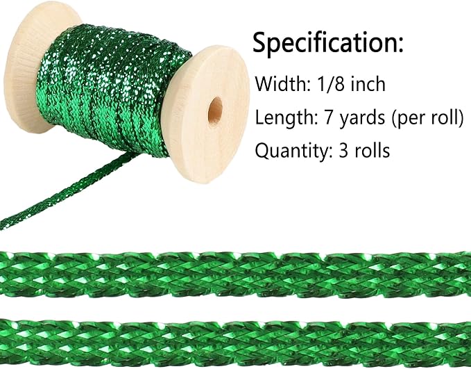 Christmas Green Thin Ribbon 1/8 inch Metallic Braided Double Faced Ribbons - Image 2