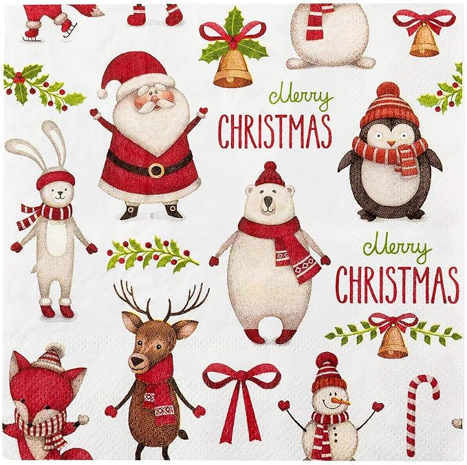 13 Inch Paper Luncheon Napkins, 20 Merry Christmas Design Printed Napkins by Restaurantware