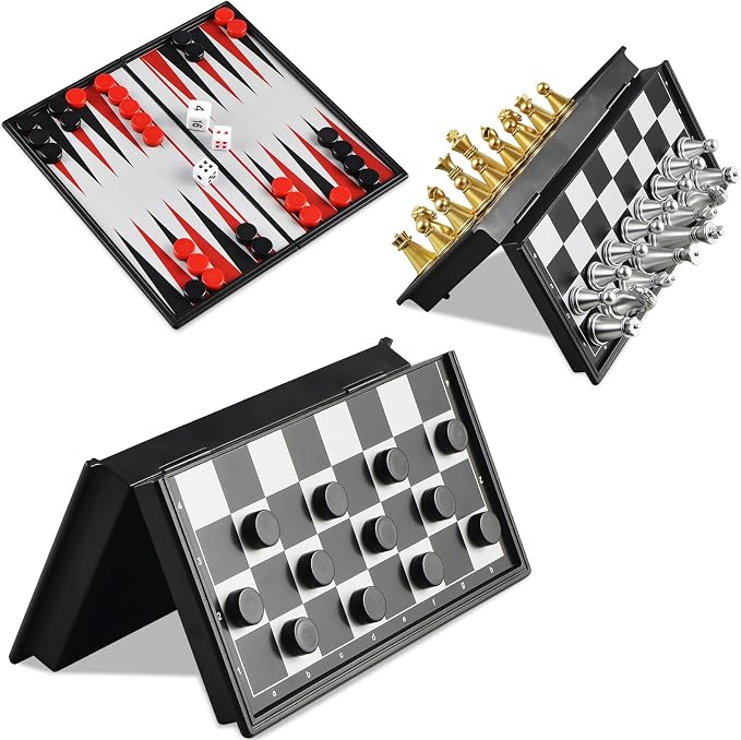 5'' Mini 3 in 1 Chess Checkers Backgammon Set Magnetic Folding Travel Chess - Image 3