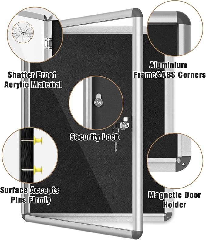 26"x20" Enclosed Bulletin Board, Lockable Weather-Resistant Aluminum Cork - Image 3