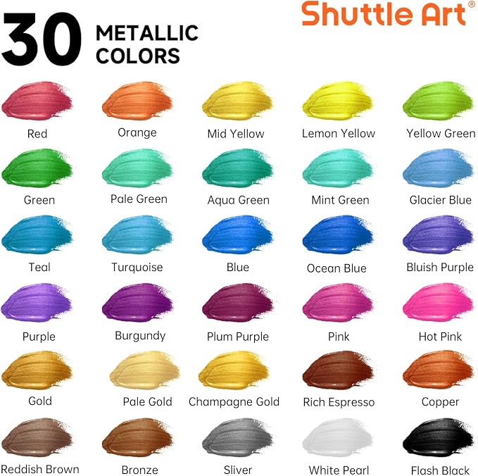 Shuttle Art 30 Colors Metallic Acrylic Paint, Artist Grade Metallic Paint in - Image 2