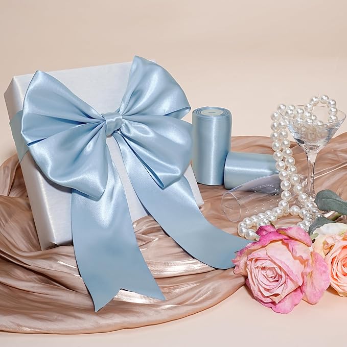LaRibbons Light Blue Satin Ribbon 3 Inch 10 Yards Double Faced Luxury Baby Blue - Image 2