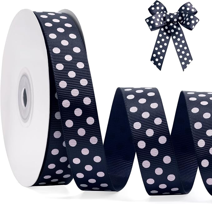 Polka Dot Grosgrain Ribbon 3/4 Inch, 25 Yards Spool Navy Blue and White Dot by FAKILO