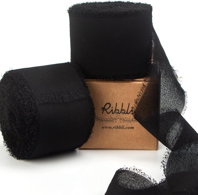 Ribbli Black Chiffon Ribbon 1-1/2 inch x 20 Yard Handmade Fringe Chiffon Silk by Ribbli