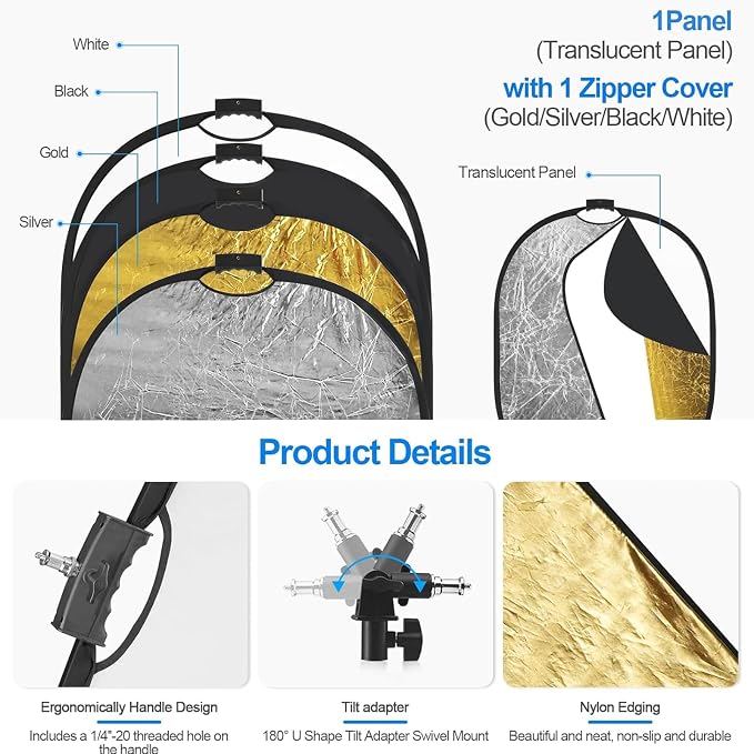 WELLMAKING 24'' x 36'' Photography Reflector 5-in-1 Collapsible Light Reflector - Image 3