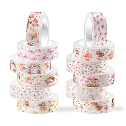 12 Rolls Fairy Washi Tape Set, Fairy Mushroom Butterfly Floral Decorative Tape by Unknown