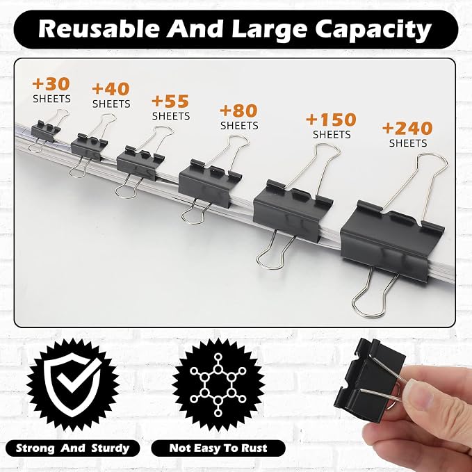 Yexiya 1000 Pcs Binder Clips Bulk Assorted Sizes Black Paper Clips Small Binder - Image 3