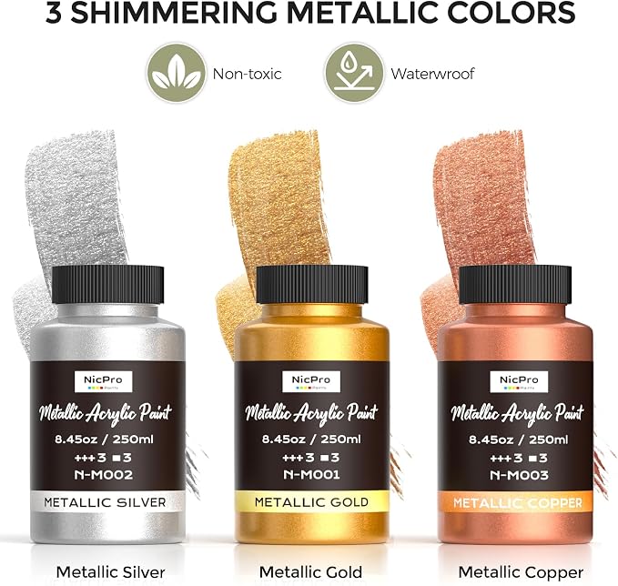 Nicpro Acrylic Paint Metallic, 3 Colors Gold, Copper 25.35oz/750ml Gold Leaf - Image 2