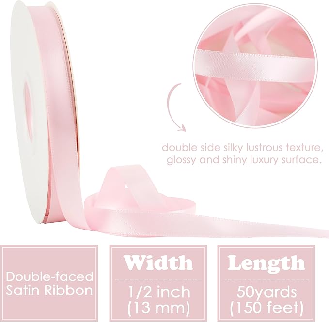 HUIHUANG Pink Satin Ribbon 1/2 inch X 50 Yards Continuous, Baby Pink - Image 2