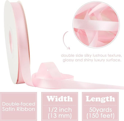 HUIHUANG Pink Satin Ribbon 1/2 inch X 50 Yards Continuous, Baby Pink - Image 2