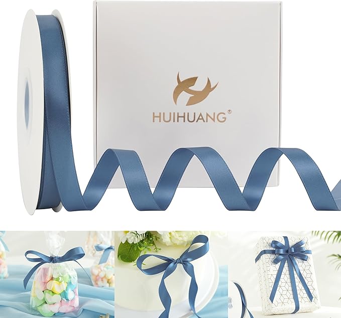HUIHUANG Satin Ribbon 1/2 inch X 50 Yards Continuous, Smoke Blue Double-Faced by HUIHUANG