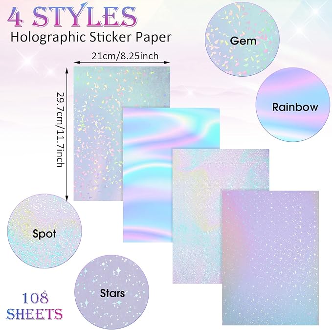 108 Sheets Holographic Sticker Paper Clear A4 Vinyl Sticker Laminate Sheets - Image 2