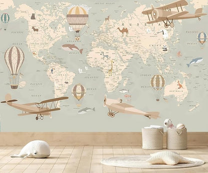 AFZEVEB-Vintage Animal Wallpaper Cartoon Aircraft Map Wall murals - Image 2