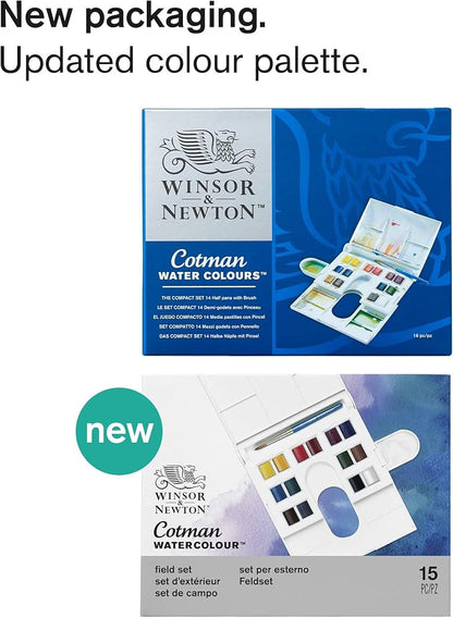 Winsor & Newton Cotman Watercolor Paint Set, Field Set, 14 Half Pan w/ Brush - Image 2
