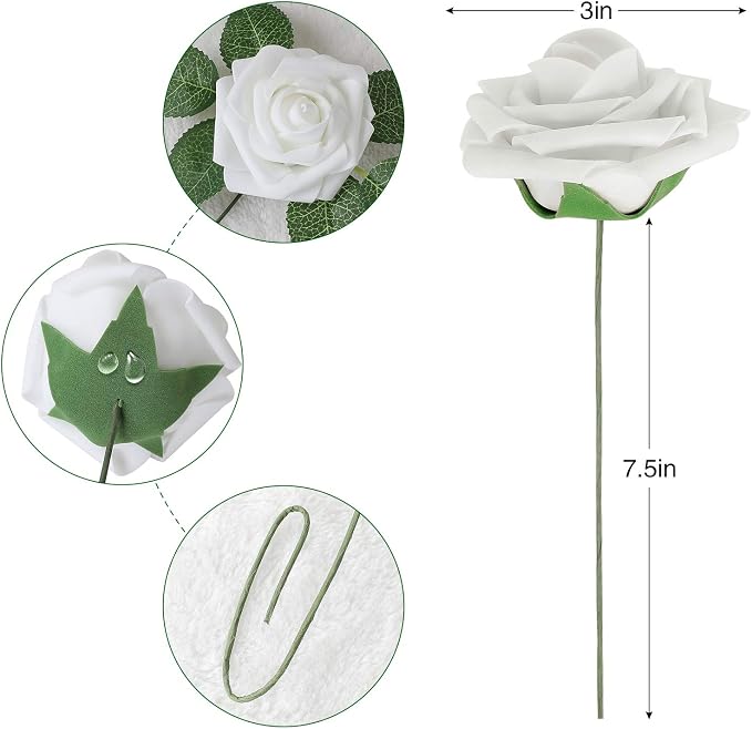 AmyHomie Artificial Flower White Rose 25pcs Real Looking Fake Roses w/Stem - Image 2
