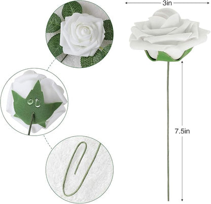 AmyHomie Artificial Flower White Rose 25pcs Real Looking Fake Roses w/Stem - Image 2