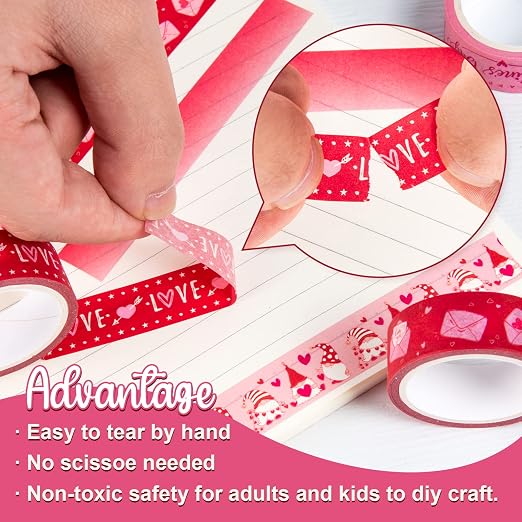 Whaline 12 Rolls Valentine Washi Tape Red Pink Heart Gnome Love Masking Tape - Image 3