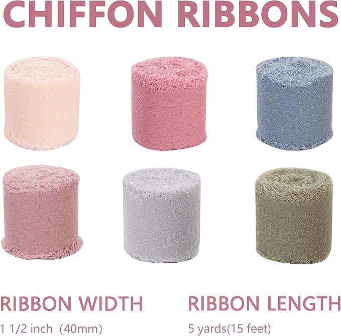 TONIFUL 6 Rolls Morandi Set Chiffon Ribbon 1 1/2 Inch 5 Yards Silk Fabric - Image 2