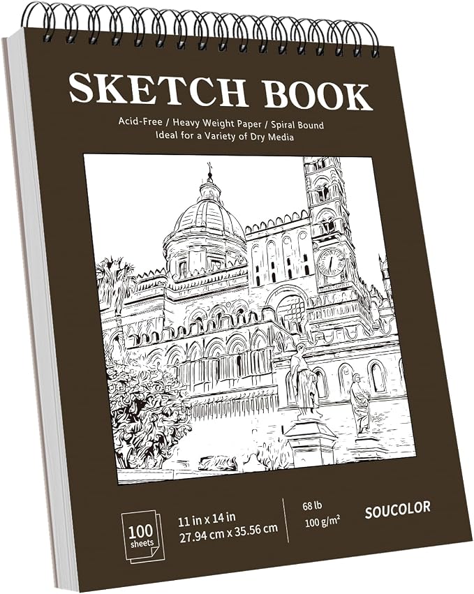 Soucolor 11" x 14" Large Sketchbook, 100 Sheets 68lb/100gsm Top Spiral Bound by Soucolor