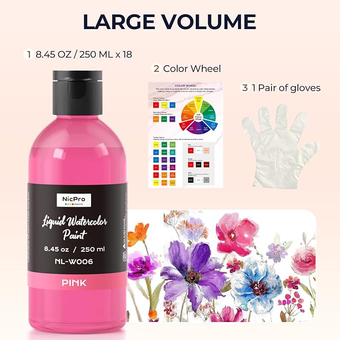 Nicpro 18 Colors Liquid Watercolor Paint Set, 8.45oz Large Bulk Liquid - Image 3