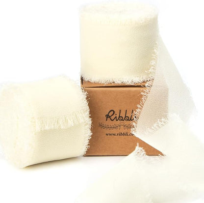 Ribbli Chiffon 1-1/2 inch x 20 Yard Handmade Fringe Cream Ivory Silk Ribbon by Ribbli