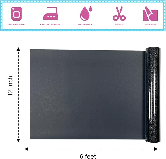 Black Glitter HTV Heat Transfer Vinyl 12" x6FT Glitter Vinyl - Image 3