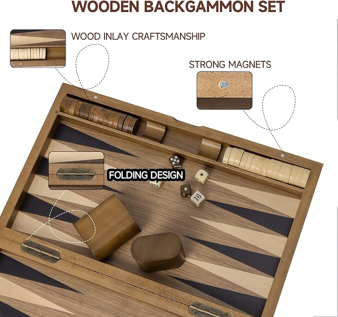 GSE Games & Sports Expert Premium Wooden Folding Inlay Backgammon Board Set - Image 3