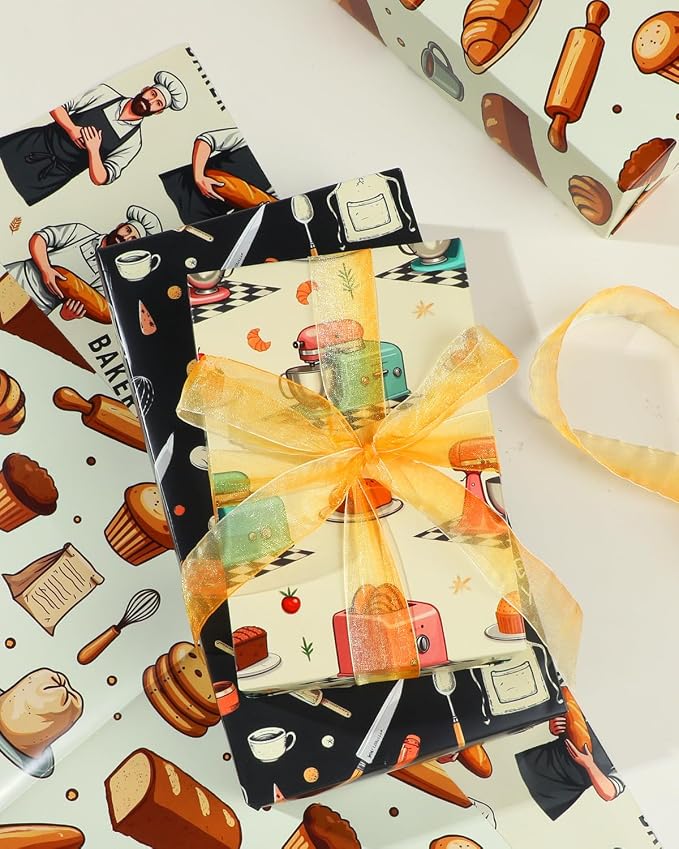 Pineraap 12 Sheets Baking Theme Wrapping Paper, Cute Baker Design Gift Wrap - Image 8