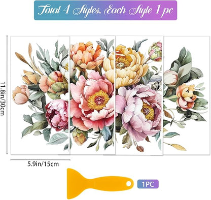 GLOBLELAND 4 Sheets Spring Peony Flowers Furniture Transfer 11.8x5.9inch - Image 2