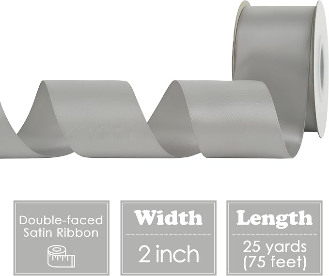 HUIHUANG Silver Satin Ribbon 2 inch Wide Double Faced Satin Ribbon Silver - Image 2