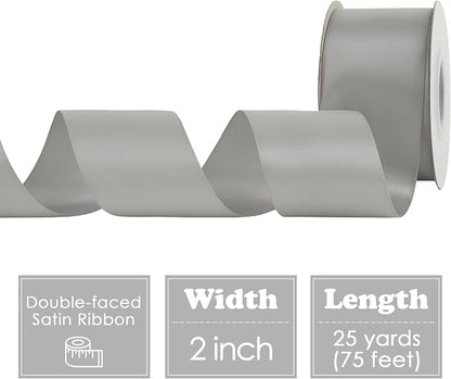 HUIHUANG Silver Satin Ribbon 2 inch Wide Double Faced Satin Ribbon Silver - Image 2