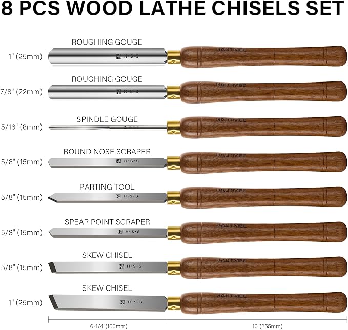 HAUTMEC Pro HSS Wood Lathe Turning Chisel Set 8 Pcs, Lathe Chisel Set - Image 2