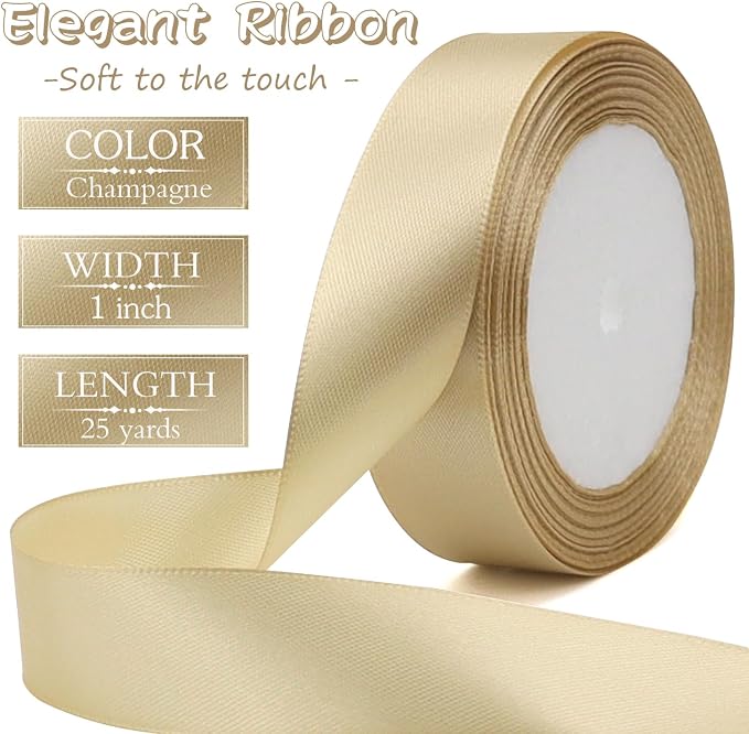 Champagne Solid Satin Ribbon 1 Inch 25 Yards Solid Polyester Fabric Ribbon - Image 2