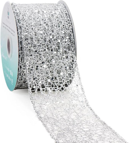 CT CRAFT LLC Sparkling Glitter Mesh Wired Ribbon 2.5" x 10 Yards Silver by CTCRAFTLLC